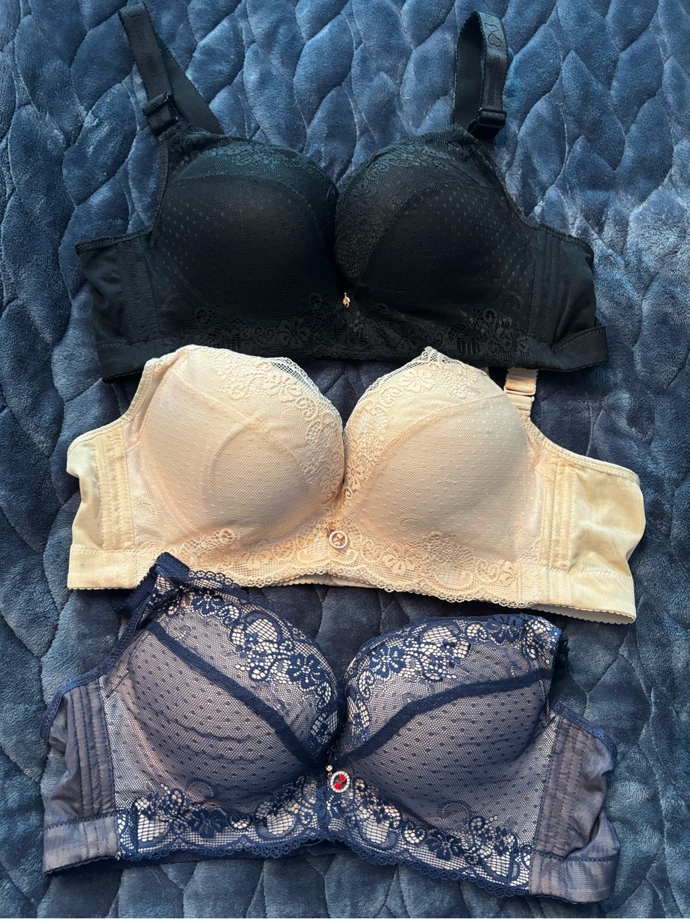 Three-Pack Lace-Trim Support Bras in Black, Cream & Navy